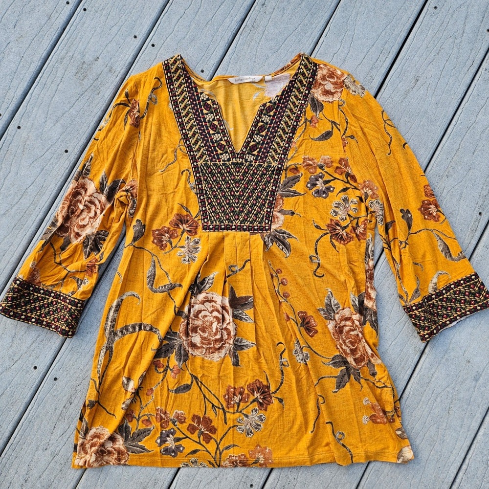 Soft Surroundings Floral Embroidered V-Neck Tunic Top Mustard Yellow Boho Large